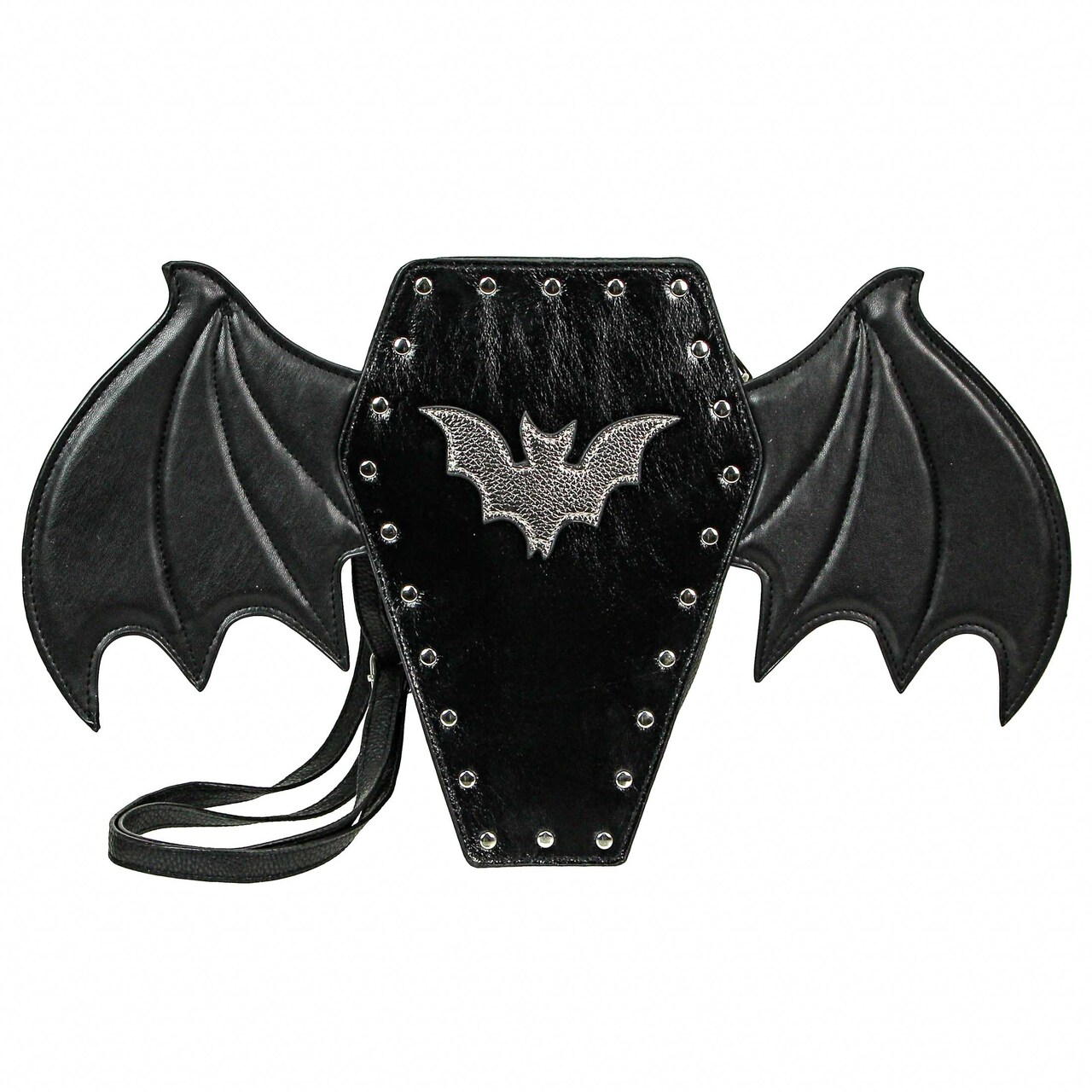 Black Vinyl Coffin With Bat Wings Novelty Backpack Purse Goth Punk Fashion Bag